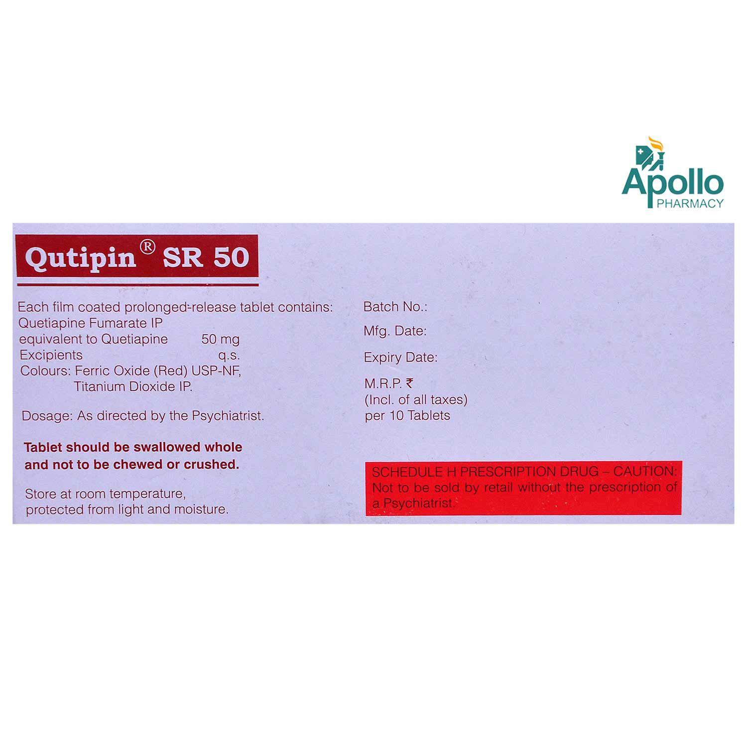 Qutipin SR 50 Tablet 10's, Pack of 10 TABLETS Qutipin SR 50 Tablet 10's, Pack of 10 TABLETS