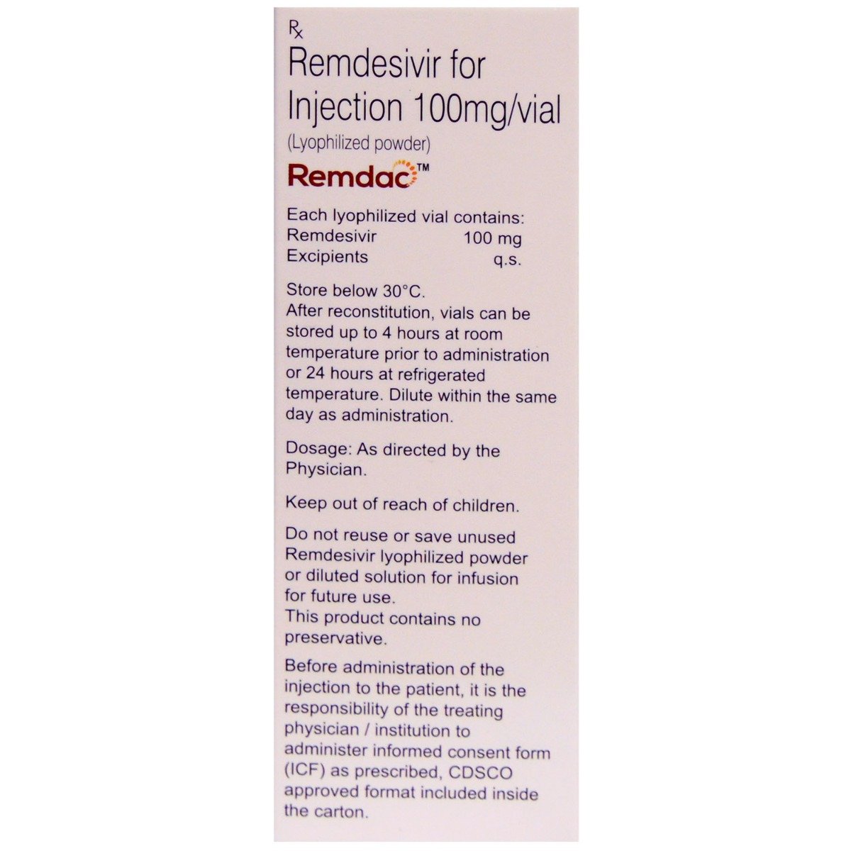 Remdac 100 mg Injection, Pack of 1 INJECTION Remdac 100 mg Injection, Pack of 1 INJECTION