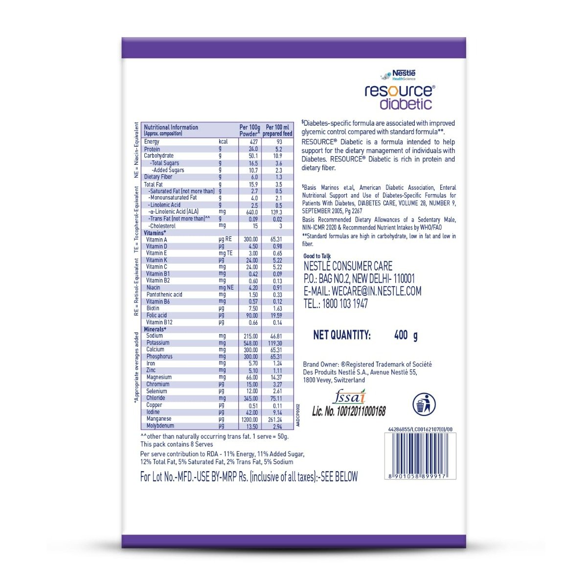 Nestle Resource Diabetic Vanilla Flavour Powder, 400 gm, Pack of 1 Nestle Resource Diabetic Vanilla Flavour Powder, 400 gm, Pack of 1