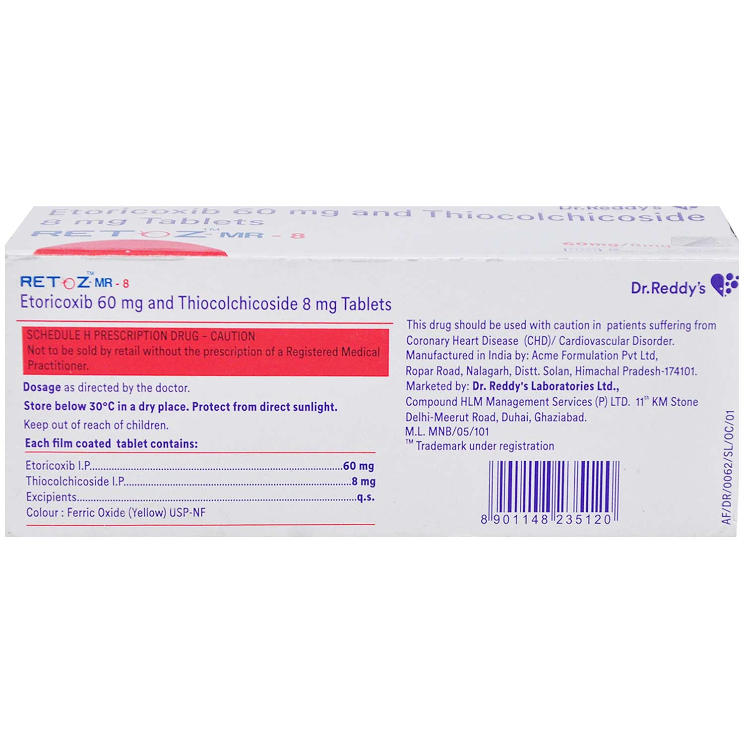 RETOZ MR 8MG TABLET, Pack of 10 TABLETS RETOZ MR 8MG TABLET, Pack of 10 TABLETS