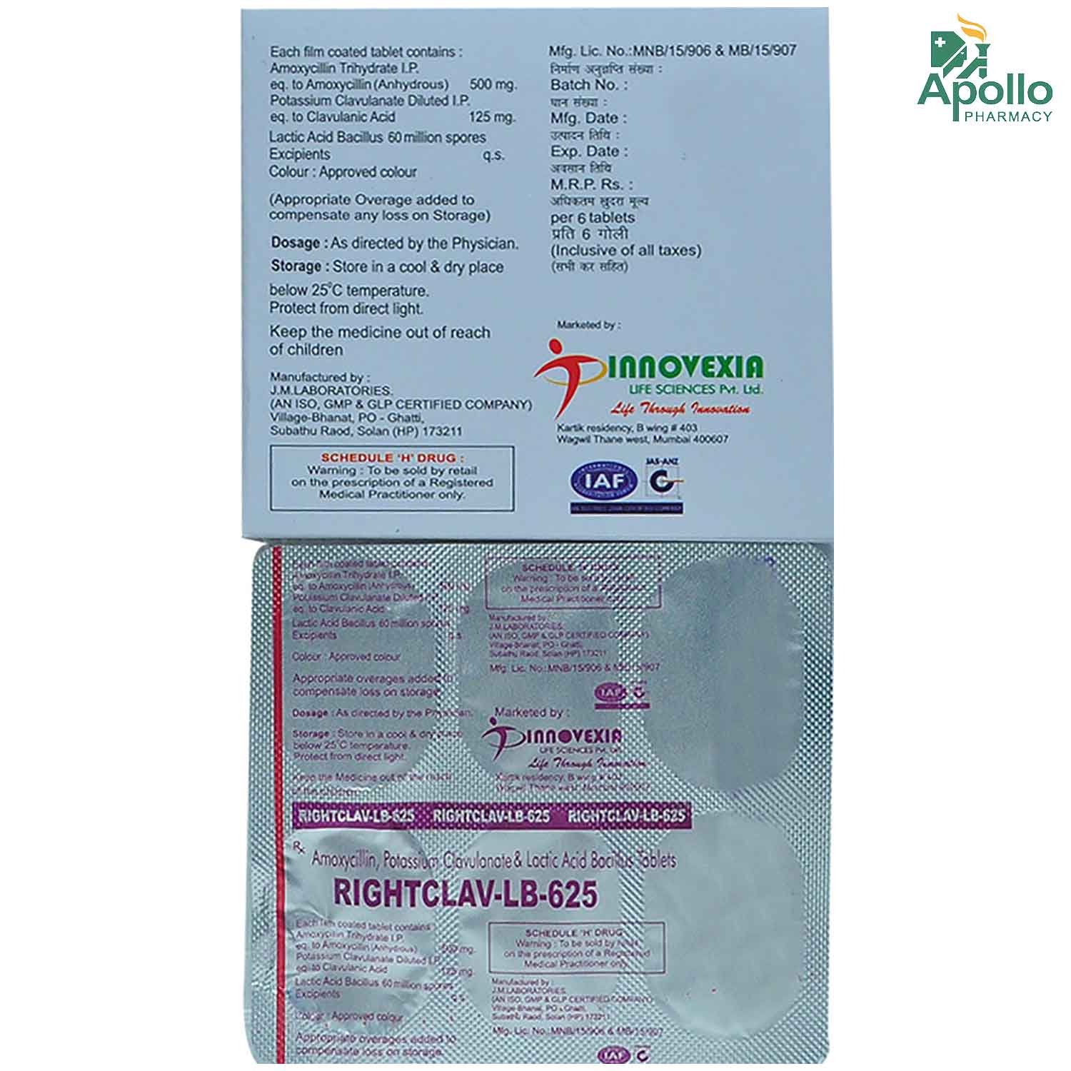 RIGHTCLAV LB 625MG TABLET 6'S, Pack of 6 TABLETS RIGHTCLAV LB 625MG TABLET 6'S, Pack of 6 TABLETS