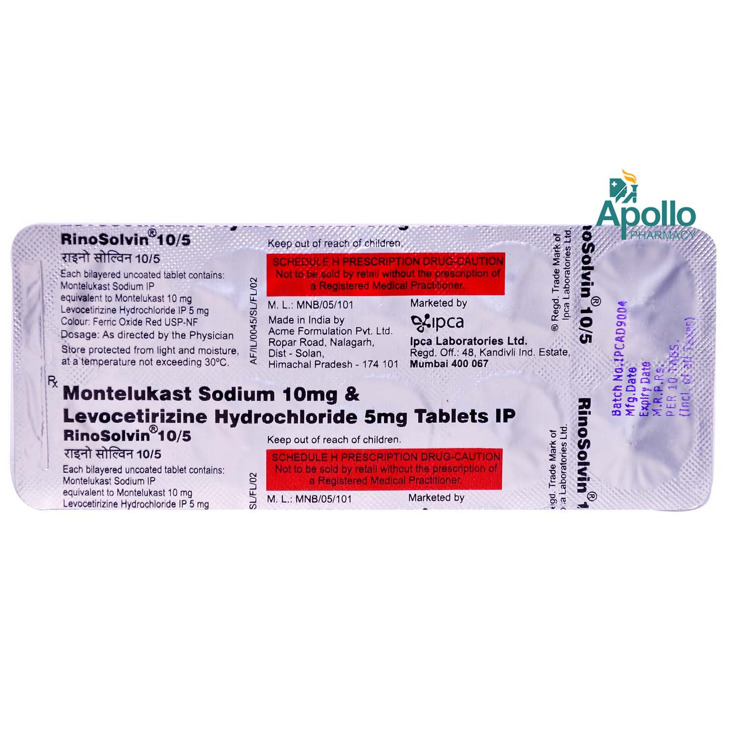 Rinosolvin 10 mg/5 mg Tablet 10's, Pack of 10 TABLETS Rinosolvin 10 mg/5 mg Tablet 10's, Pack of 10 TABLETS