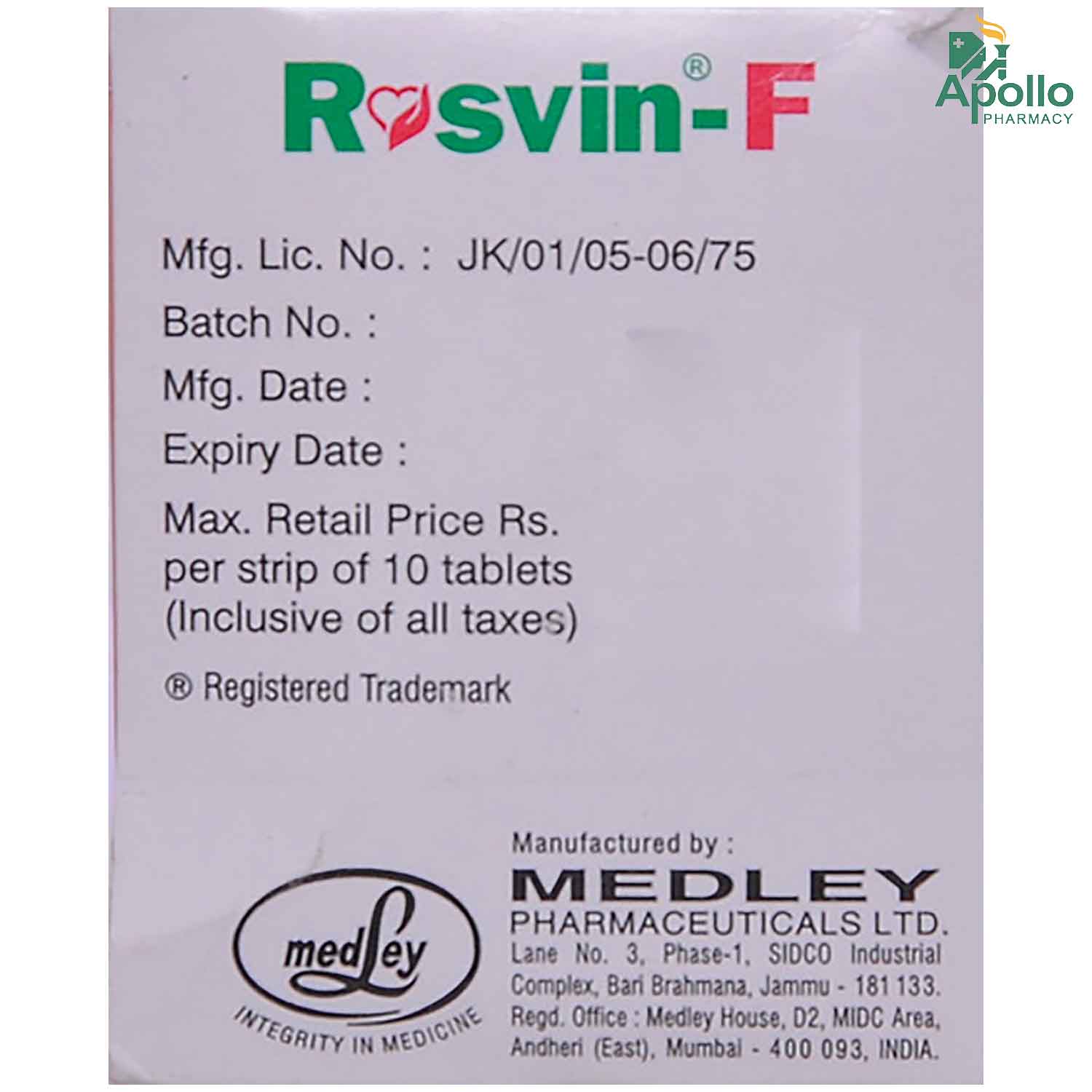 Rosvin F Tablet 10's, Pack of 10 Rosvin F Tablet 10's, Pack of 10