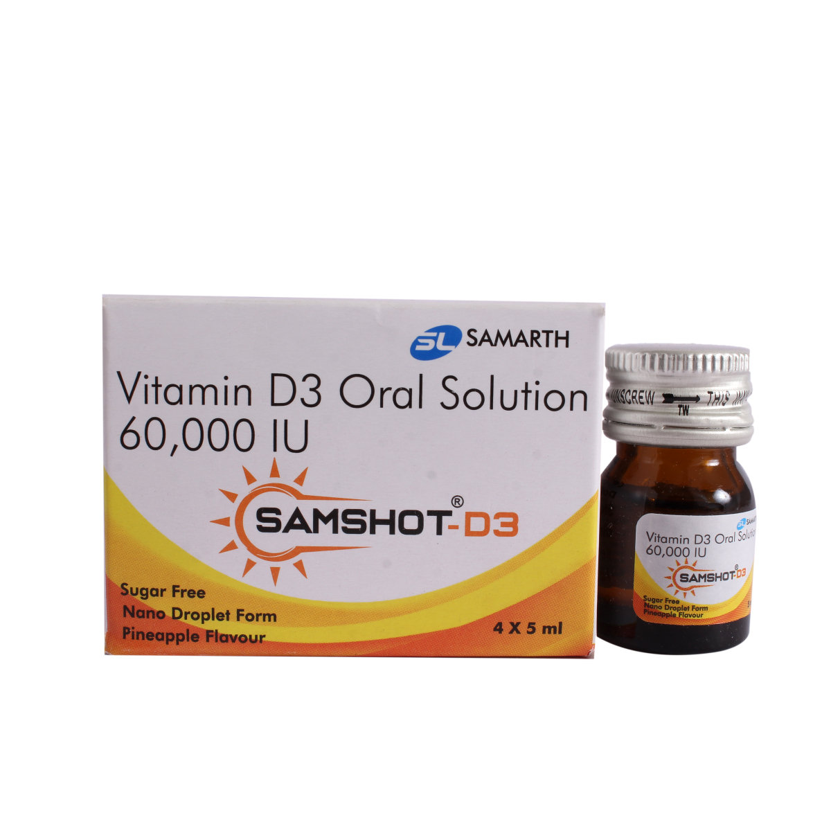 Samshot-D3 Sugar Free Pineapple Oral Solution 4 x 5 ml, Pack of 4 Samshot-D3 Sugar Free Pineapple Oral Solution 4 x 5 ml, Pack of 4
