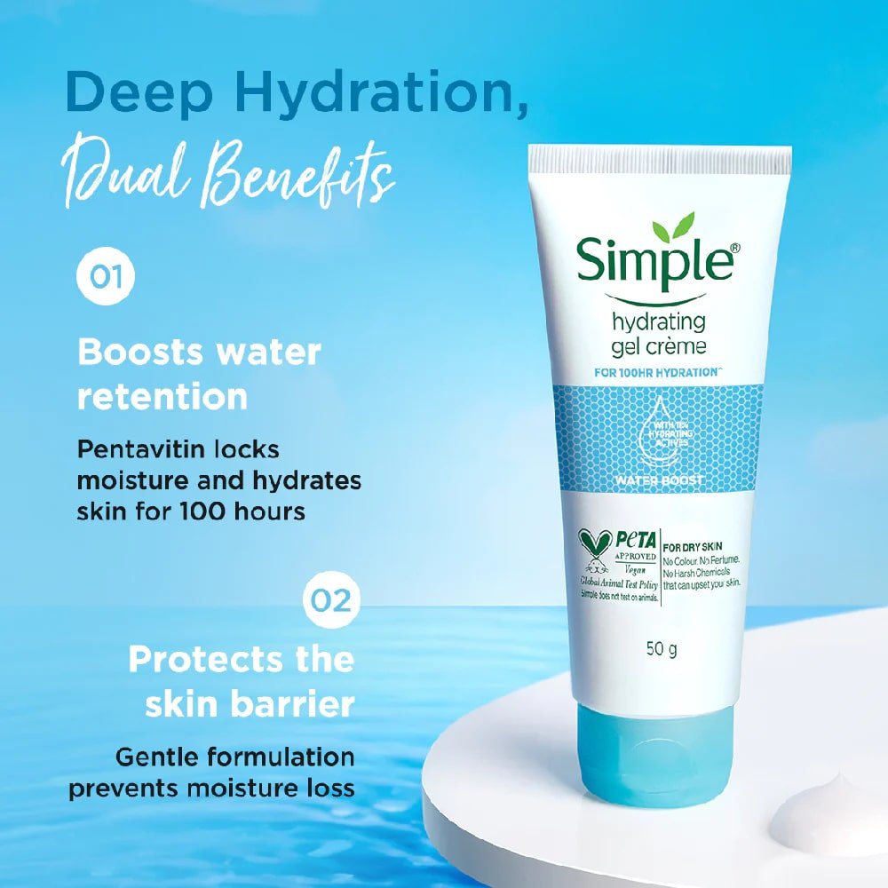 Simple Water Boost Hydrating Gel Creme 50 gm | With 11% Hydrating Actives | Provides Hydration For 100hrs | For Dry Skin, Pack of 1 Simple Water Boost Hydrating Gel Creme 50 gm | With 11% Hydrating Actives | Provides Hydration For 100hrs | For Dry Skin, Pack of 1