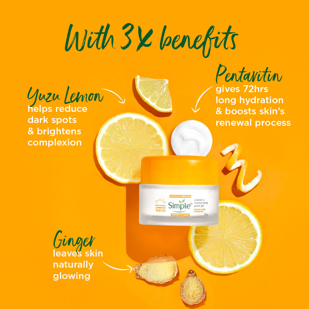 Simple Protect N Glow Vitamin C Moisturising Glow Gel 50 gm | With Vitamin C, Ginger Root & Natural Yuzu | All Day Long Hydration | For Dull & Tired Skin | For Men & Women | For All Skin Type, Oily, Dry, Combination Skin, Pack of 1 Simple Protect N Glow Vitamin C Moisturising Glow Gel 50 gm | With Vitamin C, Ginger Root & Natural Yuzu | All Day Long Hydration | For Dull & Tired Skin | For Men & Women | For All Skin Type, Oily, Dry, Combination Skin, Pack of 1