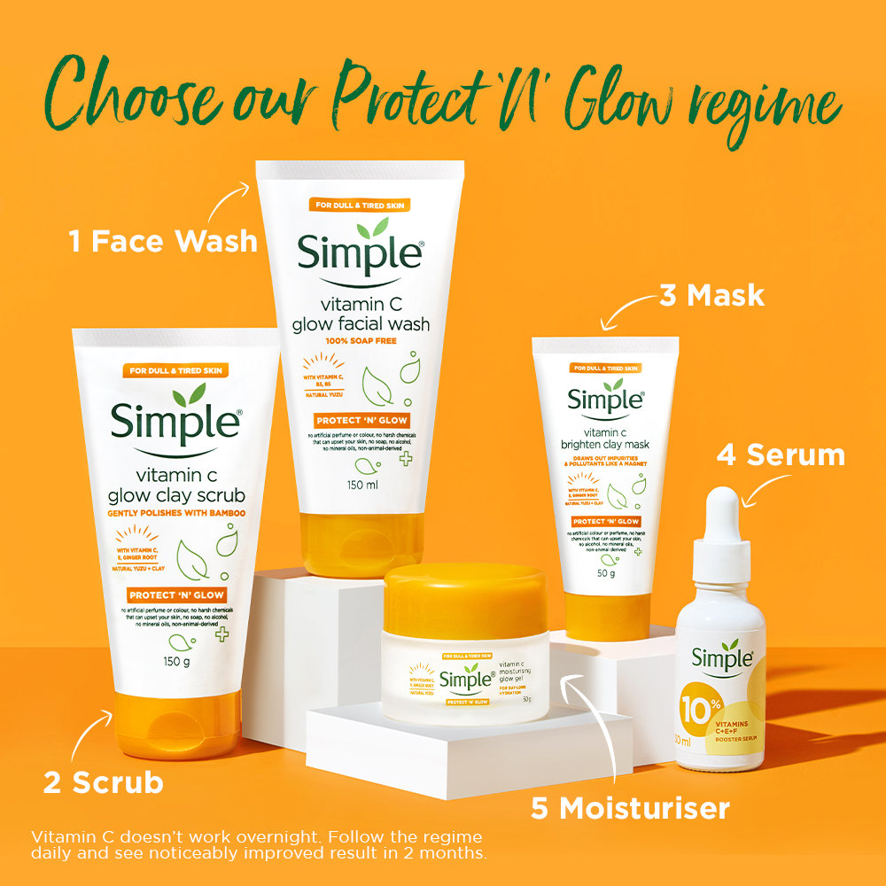 Simple Protect N Glow Vitamin C Moisturising Glow Gel 50 gm | With Vitamin C, Ginger Root & Natural Yuzu | All Day Long Hydration | For Dull & Tired Skin | For Men & Women | For All Skin Type, Oily, Dry, Combination Skin, Pack of 1 Simple Protect N Glow Vitamin C Moisturising Glow Gel 50 gm | With Vitamin C, Ginger Root & Natural Yuzu | All Day Long Hydration | For Dull & Tired Skin | For Men & Women | For All Skin Type, Oily, Dry, Combination Skin, Pack of 1