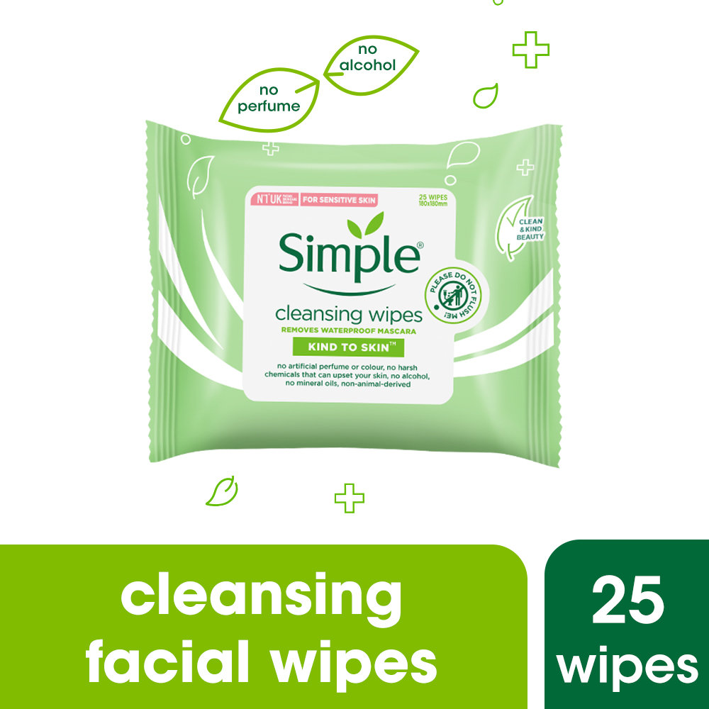 Simple Kind To Skin Cleansing Facial Wipes 25 Wipes | Instantly Removes Waterproof Mascara | Gently Cleanses Make-Up & Dirt | For Sensitive Skin, Pack of 1 Simple Kind To Skin Cleansing Facial Wipes 25 Wipes | Instantly Removes Waterproof Mascara | Gently Cleanses Make-Up & Dirt | For Sensitive Skin, Pack of 1