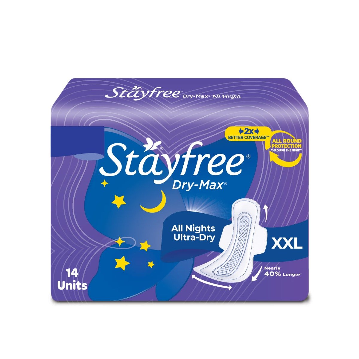 Stayfree Dry-Max All Night Ultra-Dry Pads with Wings XXL, 14 Count, Pack of 1 Stayfree Dry-Max All Night Ultra-Dry Pads with Wings XXL, 14 Count, Pack of 1
