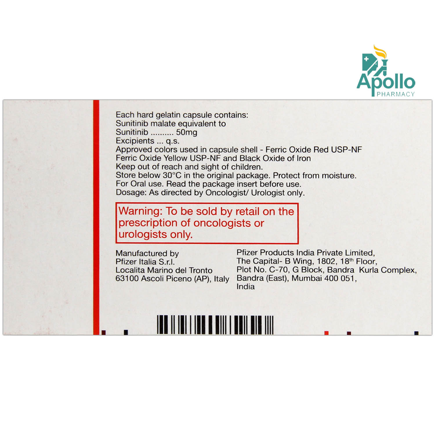 SUTENT 50MG CAPSULE 7'S, Pack of 7 CAPSULES SUTENT 50MG CAPSULE 7'S, Pack of 7 CAPSULES