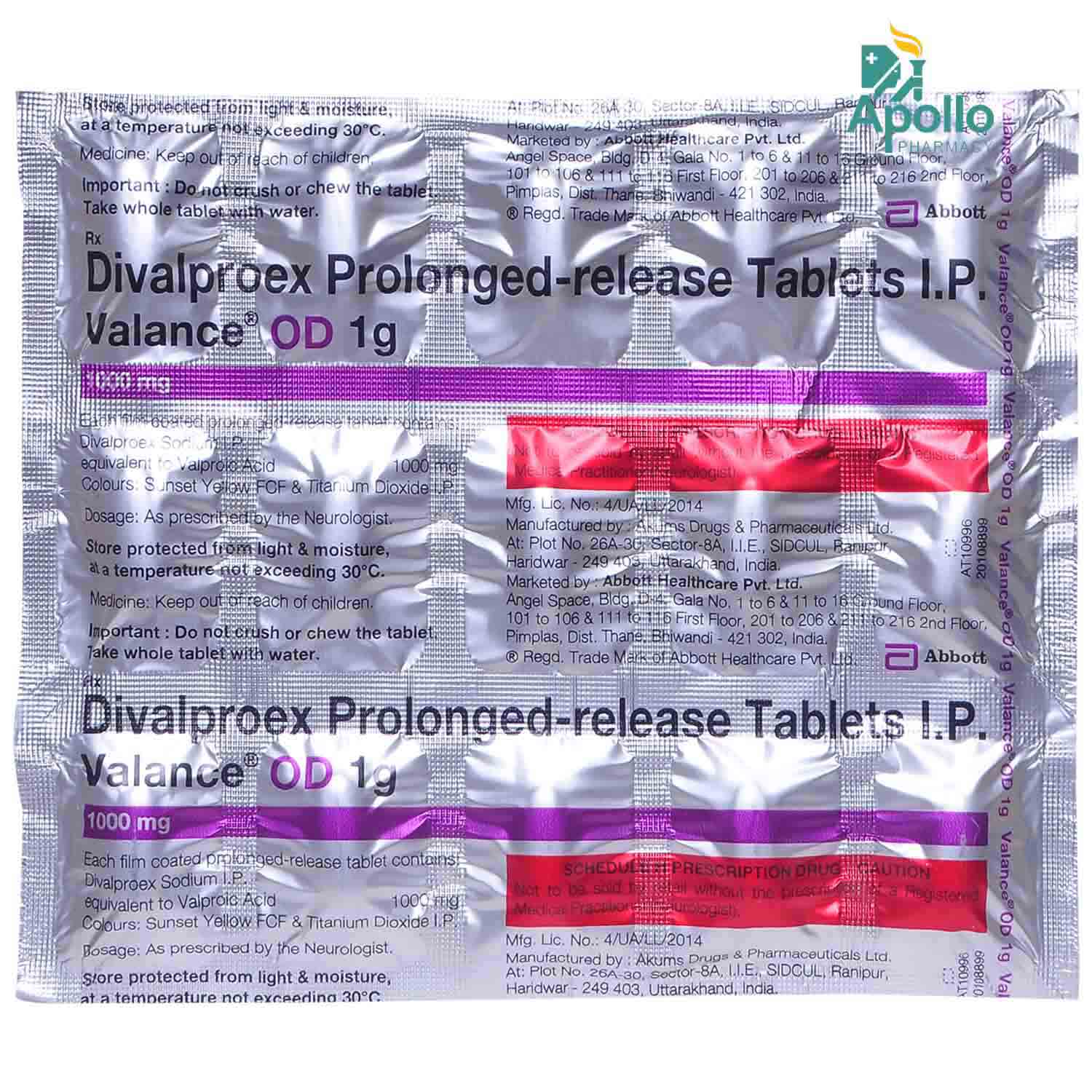 Valance OD 1000 mg Tablet 15's, Pack of 15 TABLETS Valance OD 1000 mg Tablet 15's, Pack of 15 TABLETS