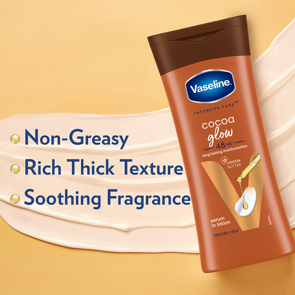 Vaseline Intensive Care Cocoa Glow Body Lotion 200 ml | With Cocoa Butter | Provides 48 hrs Of Moisturization | Non Greasy & Fast Absorbing | For Dry Skin, Pack of 1 Vaseline Intensive Care Cocoa Glow Body Lotion 200 ml | With Cocoa Butter | Provides 48 hrs Of Moisturization | Non Greasy & Fast Absorbing | For Dry Skin, Pack of 1