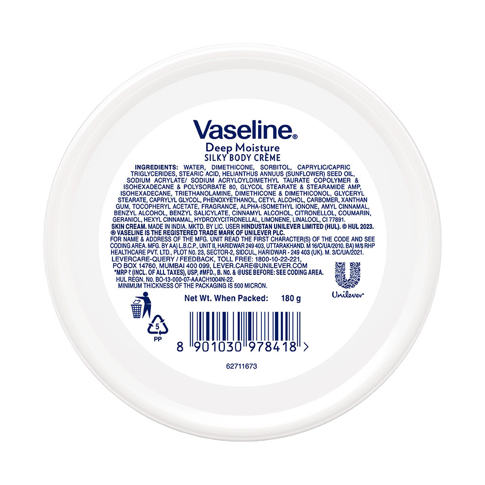 Vaseline Deep Moisture Silky Body Creme 180 gm | With Cera Boost Technology | For Silky, Smooth & Soft Skin, Pack of 1 Vaseline Deep Moisture Silky Body Creme 180 gm | With Cera Boost Technology | For Silky, Smooth & Soft Skin, Pack of 1