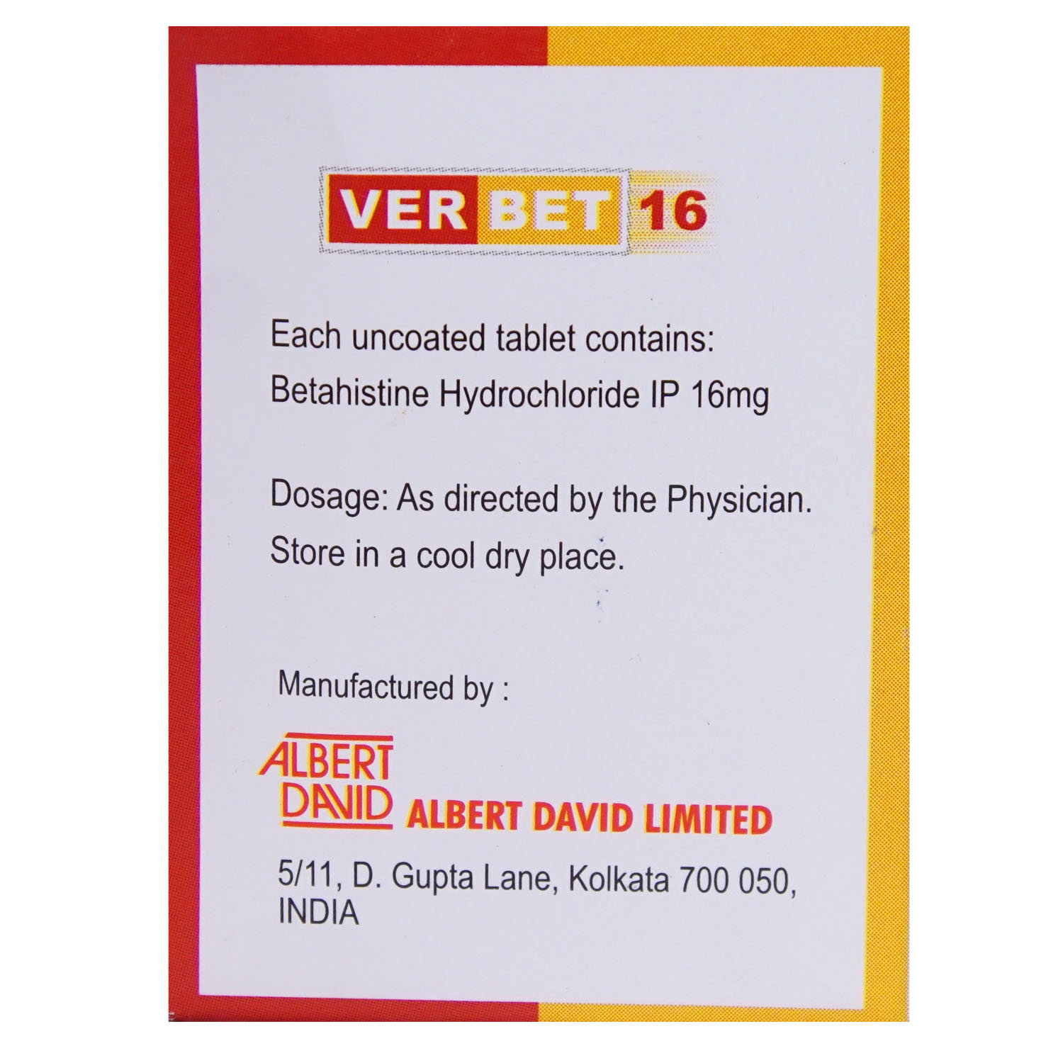 Verbet 16 Tablet 10's, Pack of 10 TABLETS Verbet 16 Tablet 10's, Pack of 10 TABLETS