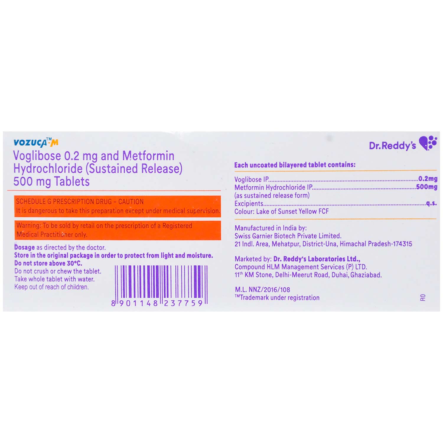 Vozuca-M 0.2 mg/500 mg Tablet 14's, Pack of 14 Vozuca-M 0.2 mg/500 mg Tablet 14's, Pack of 14