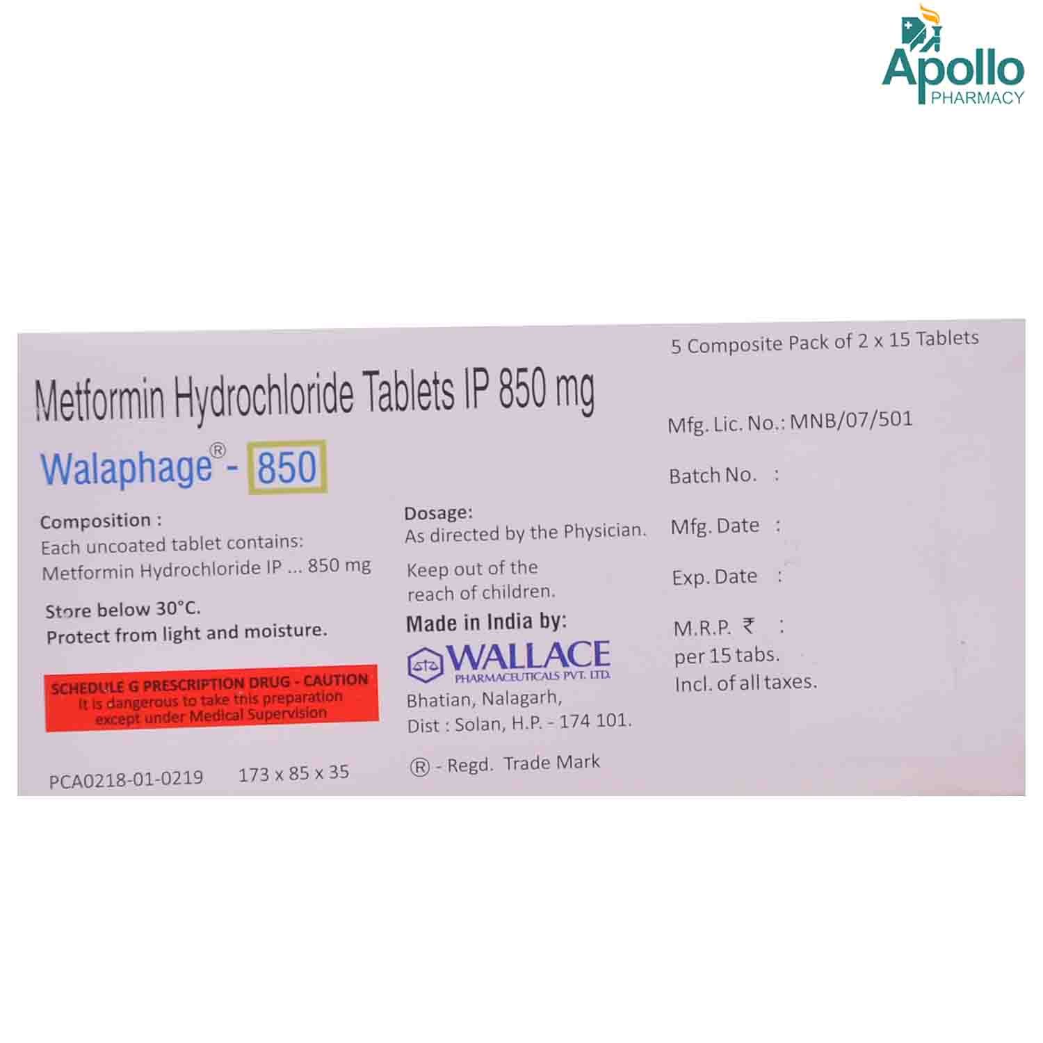 Walaphage 850 Tablet 15's, Pack of 15 TABLETS Walaphage 850 Tablet 15's, Pack of 15 TABLETS