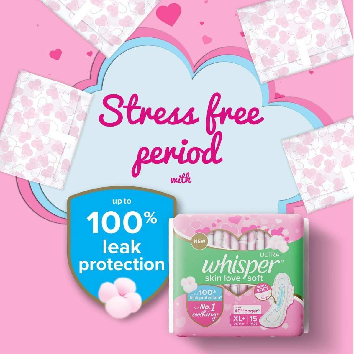 Whisper Ultra Skin Love Soft Sanitary Pads XL+, 15 Count, Pack of 1 Whisper Ultra Skin Love Soft Sanitary Pads XL+, 15 Count, Pack of 1