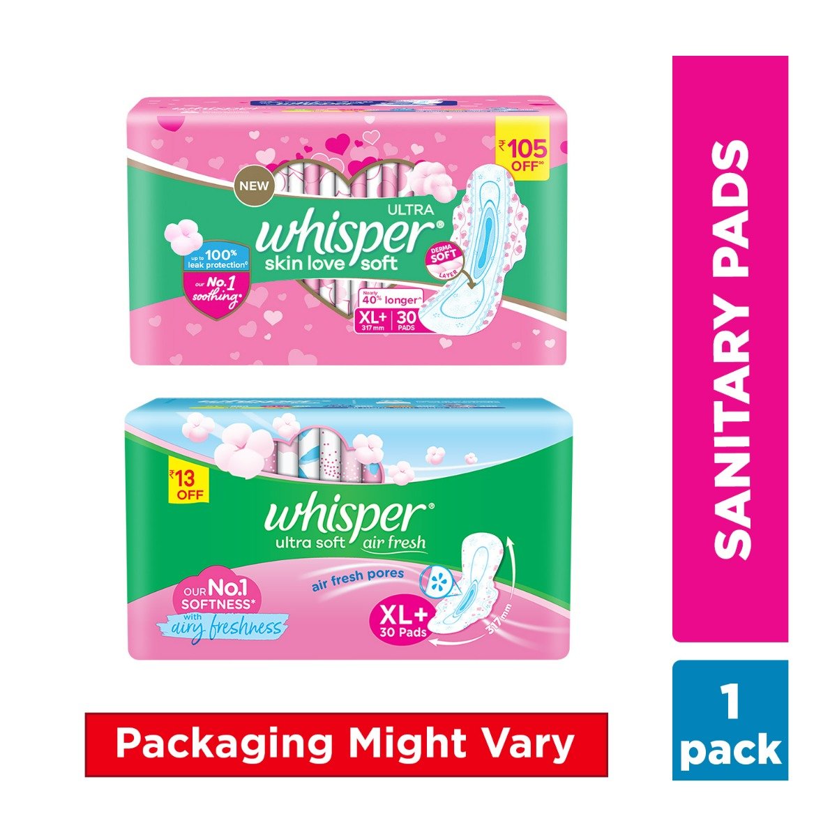 Whisper Ultra Skin Love Soft Sanitary Pads for Women XL+, 30 Count, Pack of 1 Whisper Ultra Skin Love Soft Sanitary Pads for Women XL+, 30 Count, Pack of 1