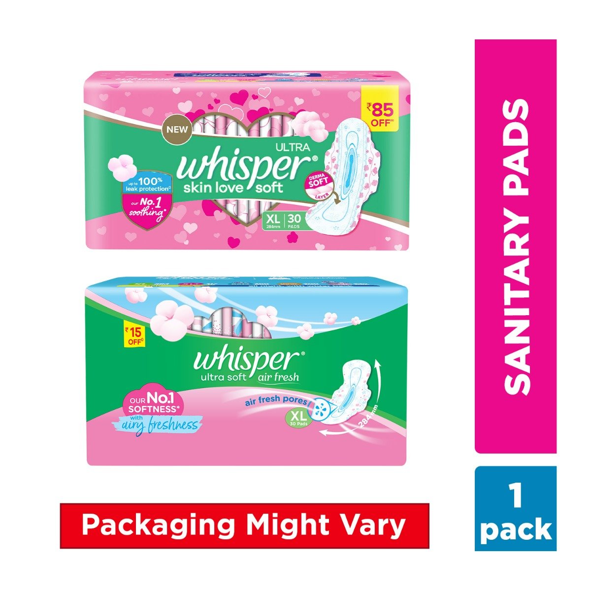 Whisper Ultra Skin Love Soft Sanitary Pads for Women XL, 30 Count, Pack of 1 Whisper Ultra Skin Love Soft Sanitary Pads for Women XL, 30 Count, Pack of 1