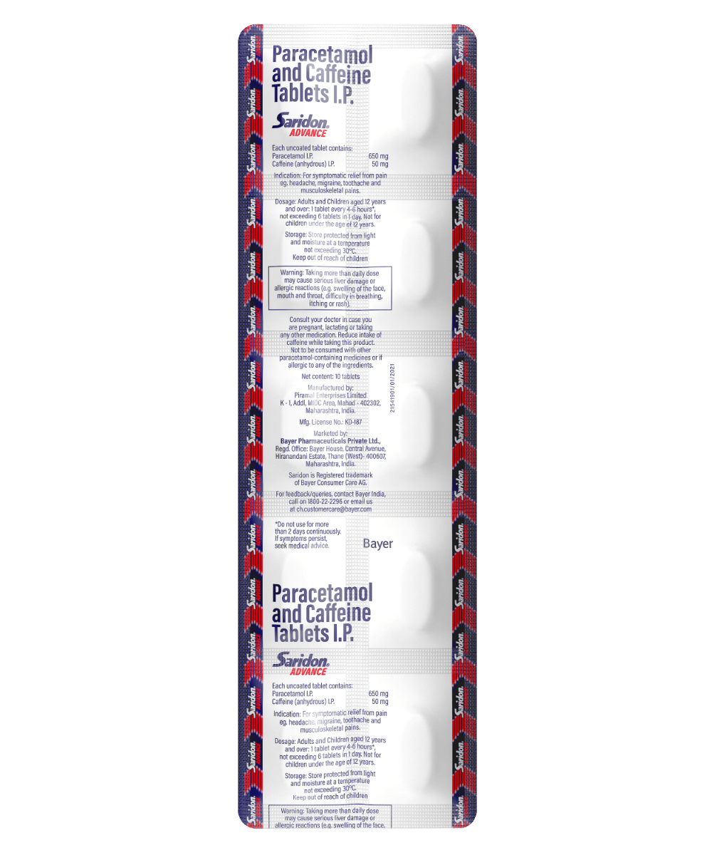 Saridon Advance Tablet 10’s for 5 in 1 Pain Relief, Pack of 10 Saridon Advance Tablet 10’s for 5 in 1 Pain Relief, Pack of 10