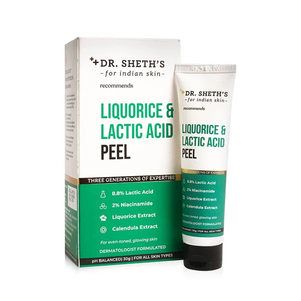 Dr. Sheth's Liquorice &amp; Lactic Acid Peel, 30 gm | Lactic Acid, Niacinamide, Liquorice Extract &amp; Calendula Extract | Gently Exfoliates | Gives Even Toned &amp; Glowing Skin | pH Balanced | For All Skin Type, Pack of 1