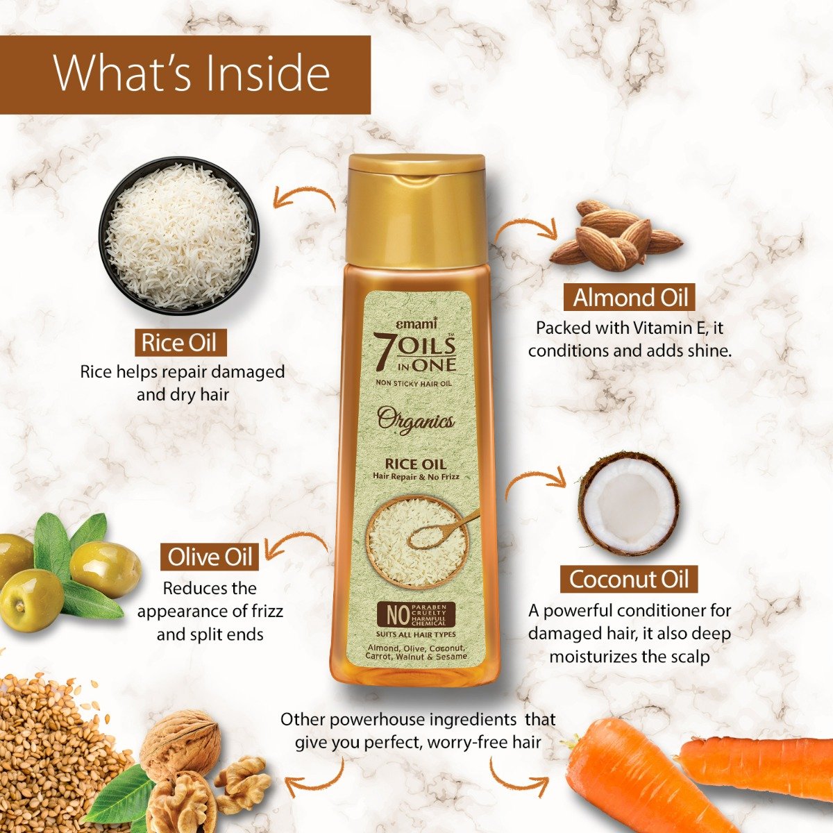 Emami 7 Oils In One Organics Rice Oil for Hair Repair & No Frizz, 200 ml, Pack of 1 Emami 7 Oils In One Organics Rice Oil for Hair Repair & No Frizz, 200 ml, Pack of 1