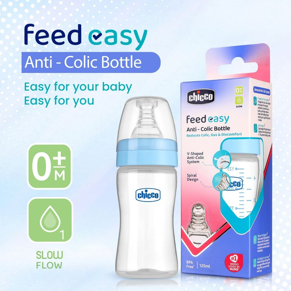 Chicco Feed Easy Slow Flow Blue Bottle 0+M, 125 ml, Pack of 1 Chicco Feed Easy Slow Flow Blue Bottle 0+M, 125 ml, Pack of 1