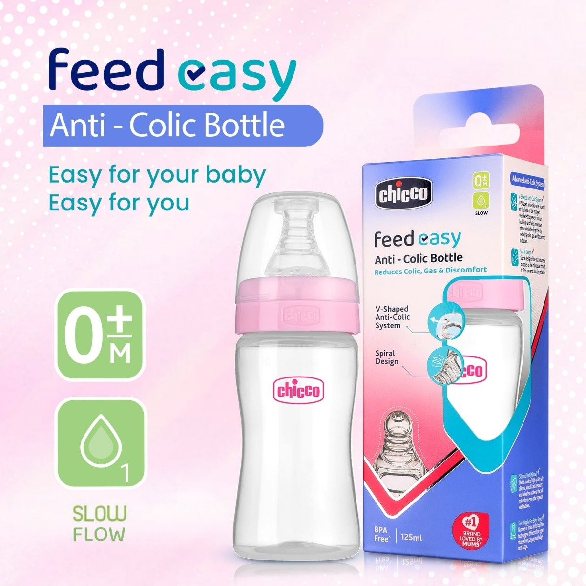 Chicco Feed Easy Anti-Colic Slow Flow Pink Color Bottle for 0+M Baby, 125 ml, Pack of 1 Chicco Feed Easy Anti-Colic Slow Flow Pink Color Bottle for 0+M Baby, 125 ml, Pack of 1