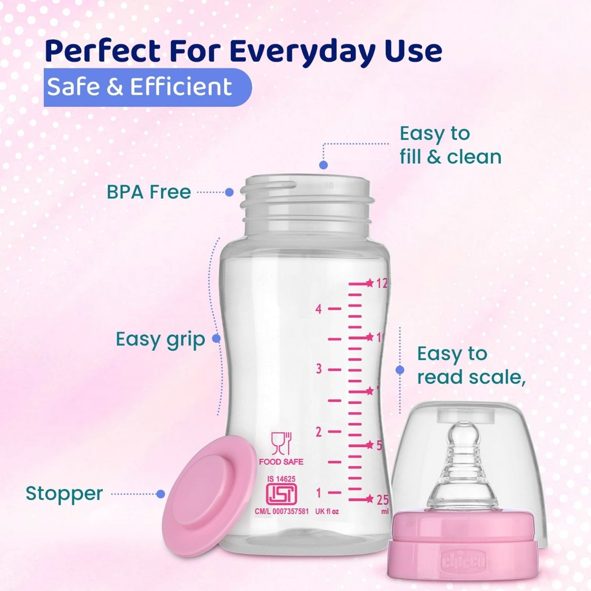 Chicco Feed Easy Anti-Colic Slow Flow Pink Color Bottle for 0+M Baby, 125 ml, Pack of 1 Chicco Feed Easy Anti-Colic Slow Flow Pink Color Bottle for 0+M Baby, 125 ml, Pack of 1