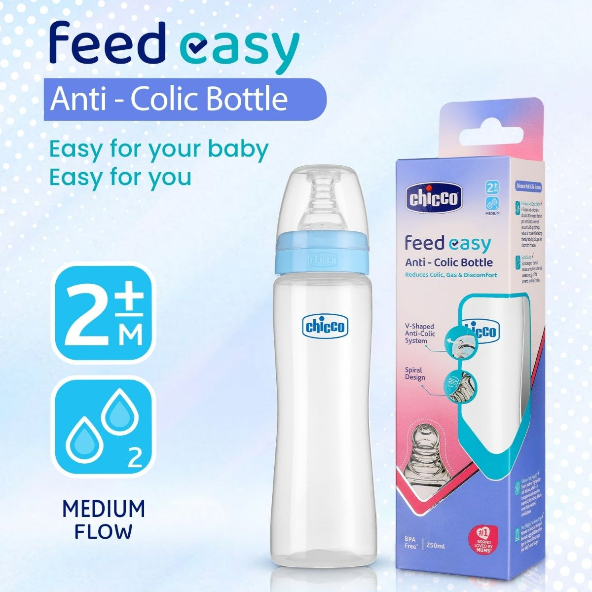 Chicco Feed Easy Anti-Colic Medium Flow Blue Color Bottle for 2+M Baby, 250 ml, Pack of 1 Chicco Feed Easy Anti-Colic Medium Flow Blue Color Bottle for 2+M Baby, 250 ml, Pack of 1