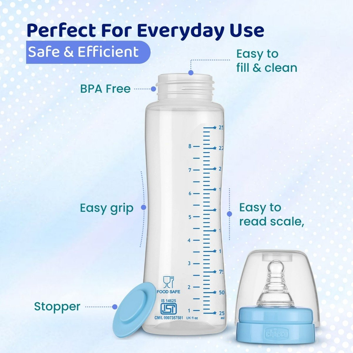 Chicco Feed Easy Anti-Colic Medium Flow Blue Color Bottle for 2+M Baby, 250 ml, Pack of 1 Chicco Feed Easy Anti-Colic Medium Flow Blue Color Bottle for 2+M Baby, 250 ml, Pack of 1