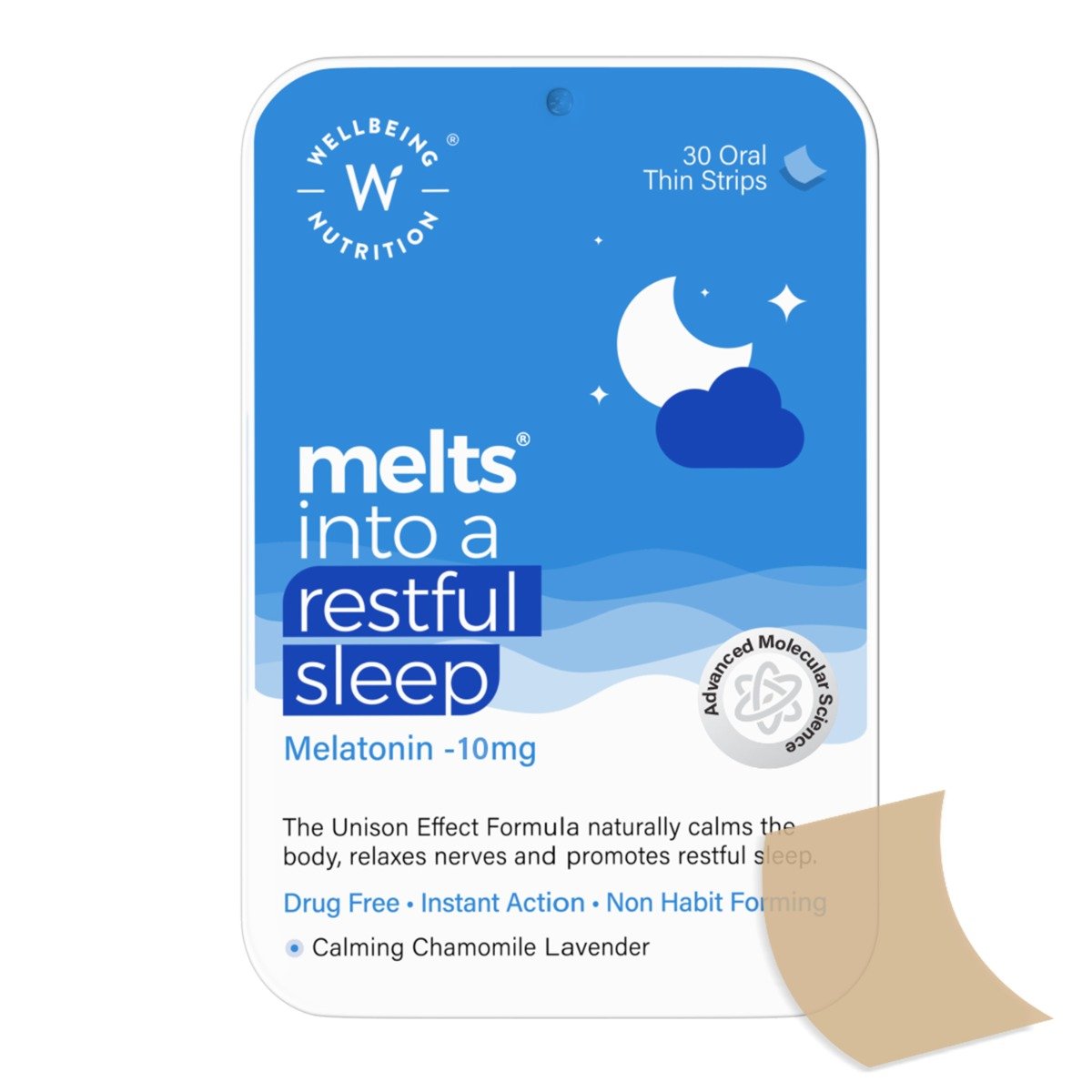 Wellbeing Nutrition Melts Into Restful Sleep Melatonin 10 mg, 30 Strips, Pack of 1 Wellbeing Nutrition Melts Into Restful Sleep Melatonin 10 mg, 30 Strips, Pack of 1