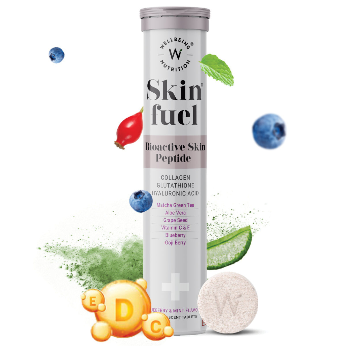 Wellbeing Nutrition Skin Fuel Blueberry & Mint Flavour, 15 Effervescent Tablets, Pack of 1 Wellbeing Nutrition Skin Fuel Blueberry & Mint Flavour, 15 Effervescent Tablets, Pack of 1