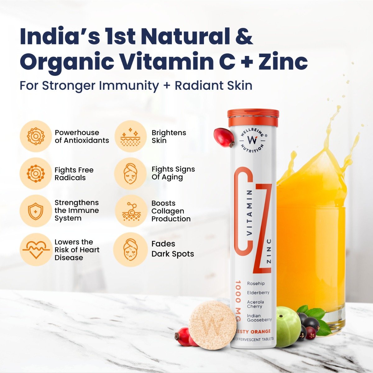 Wellbeing Nutrition Vitamin C + Zinc Zesty Orange Flavour, 16 Effervescent Tablets, Pack of 1 Wellbeing Nutrition Vitamin C + Zinc Zesty Orange Flavour, 16 Effervescent Tablets, Pack of 1