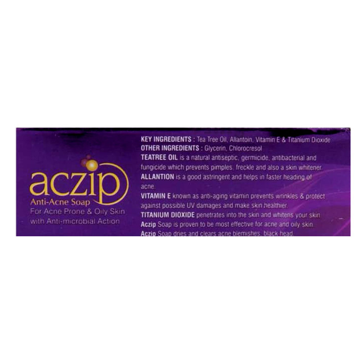 Aczip Soap 75 gm | Vitamin E, Allantoin, Tea Tree Oil & Titanium dioxide | Fight Acne, Blemishes , Blackhead | Anti Microbial Action | For Acne Prone & Oily Skin, Pack of 1 Aczip Soap 75 gm | Vitamin E, Allantoin, Tea Tree Oil & Titanium dioxide | Fight Acne, Blemishes , Blackhead | Anti Microbial Action | For Acne Prone & Oily Skin, Pack of 1