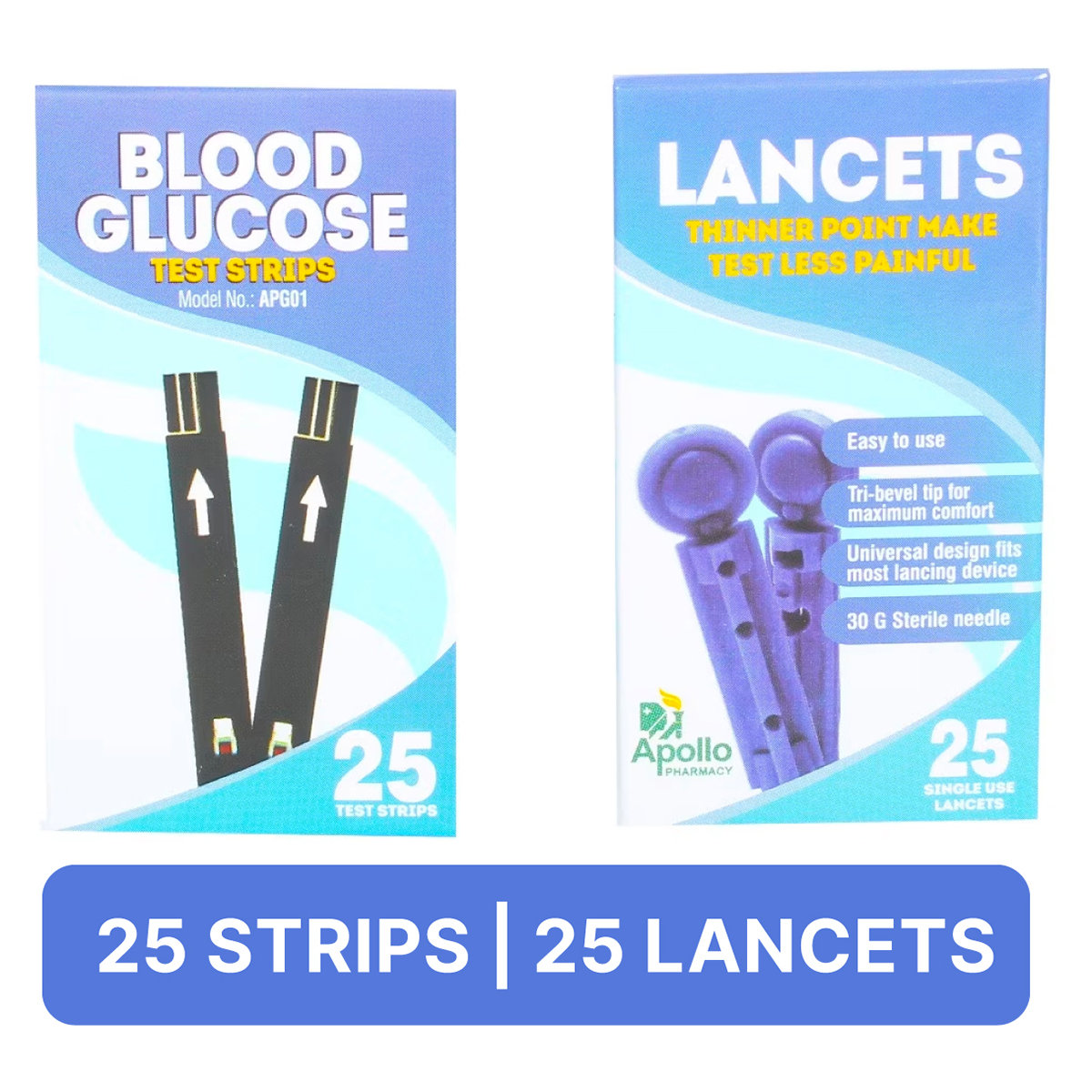 Apollo Pharmacy Blood Glucose 25 Test Strips + 25 Lancets, 1 kit, Pack of 1 Apollo Pharmacy Blood Glucose 25 Test Strips + 25 Lancets, 1 kit, Pack of 1