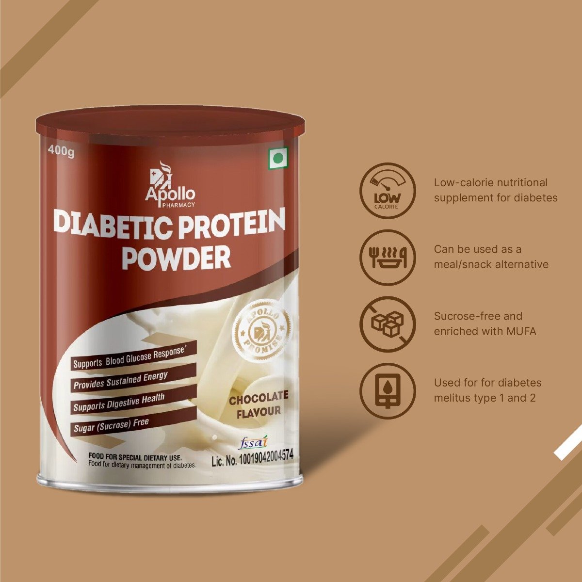 Apollo Pharmacy Diabetic Chocolate Flavour Protein Powder, 400 gm, Pack of 1 Apollo Pharmacy Diabetic Chocolate Flavour Protein Powder, 400 gm, Pack of 1