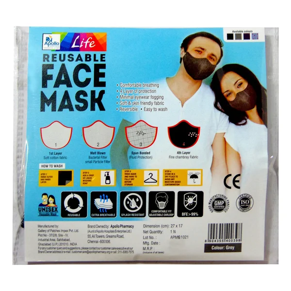 Apollo Life Reusable 4ply Grey Face Mask, 2 Count, Pack of 1