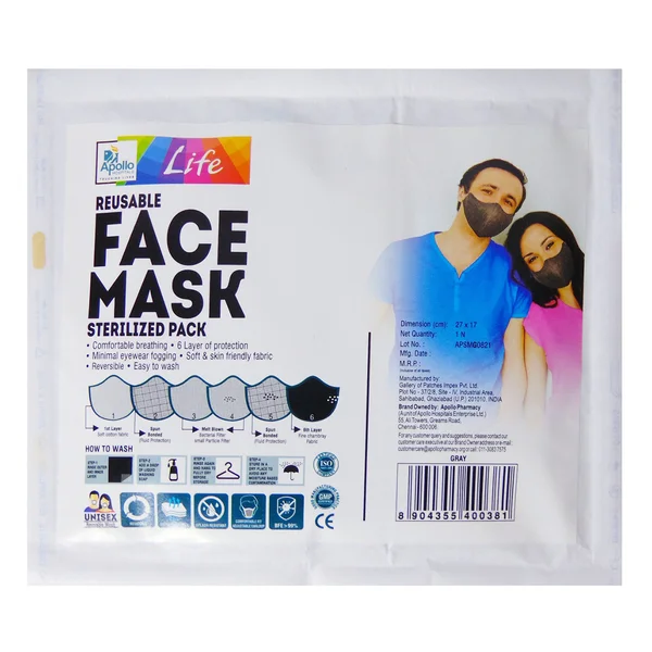 Apollo Life Reusable 6ply Grey Face Mask, 3 Count, Pack of 3