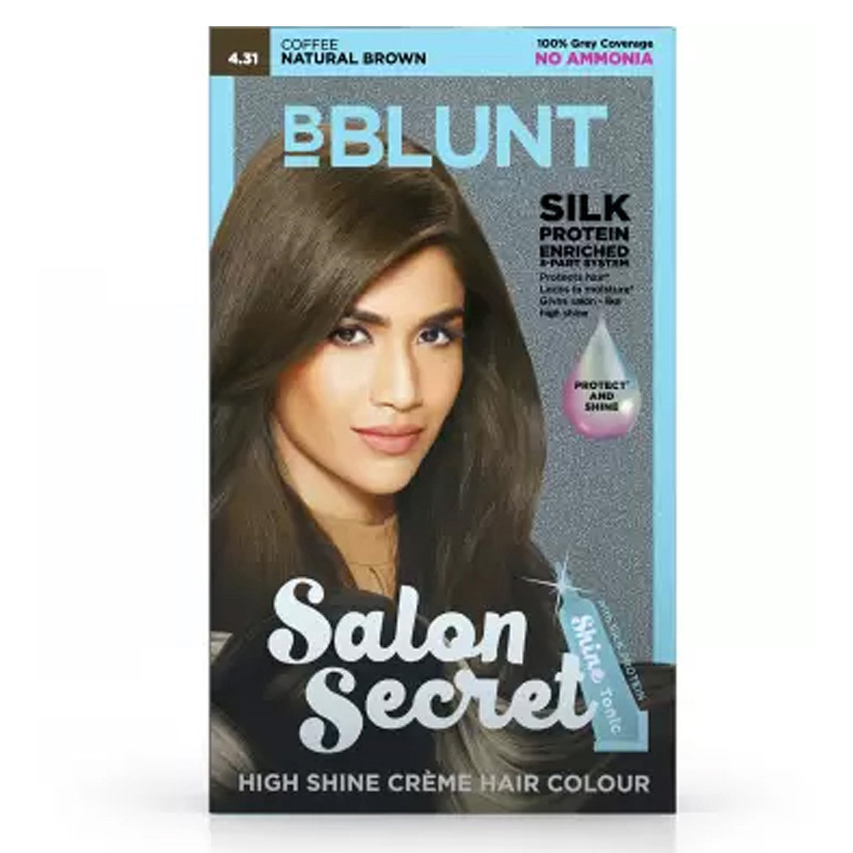 BBLUNT Salon Secret High Shine Creme Hair Colour, Coffee Natural Brown 4.31, 100 gm with Shine Tonic, 8 ml, Pack of 1 BBLUNT Salon Secret High Shine Creme Hair Colour, Coffee Natural Brown 4.31, 100 gm with Shine Tonic, 8 ml, Pack of 1