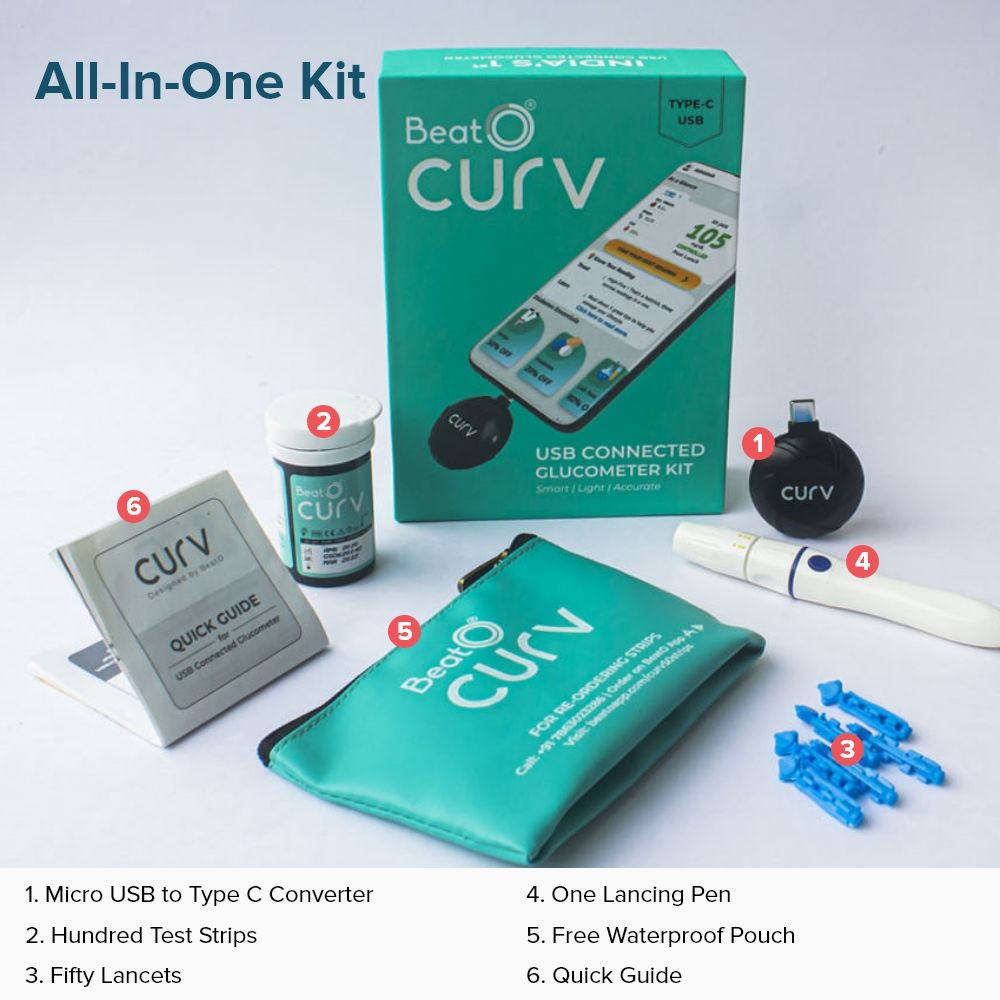 BeatO Curv Smartphone Connected Glucometer Kit with 100 Strips & 100 Lancets (Type-C USB), 1 Count + Free 10-Day Diabetes Care Reversal Program, Pack of 1 BeatO Curv Smartphone Connected Glucometer Kit with 100 Strips & 100 Lancets (Type-C USB), 1 Count + Free 10-Day Diabetes Care Reversal Program, Pack of 1