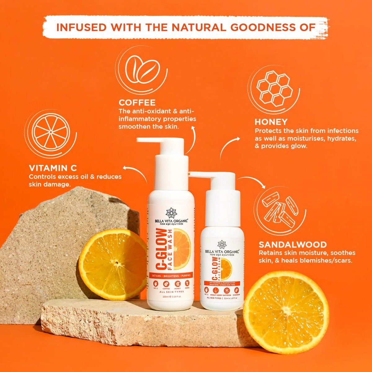 Bella Vita Organic Vitamin C Brighten & De-Tan Combo (Face Wash 100 ml+Face Cream 50 ml), 1 Kit, Pack of 1 Bella Vita Organic Vitamin C Brighten & De-Tan Combo (Face Wash 100 ml+Face Cream 50 ml), 1 Kit, Pack of 1