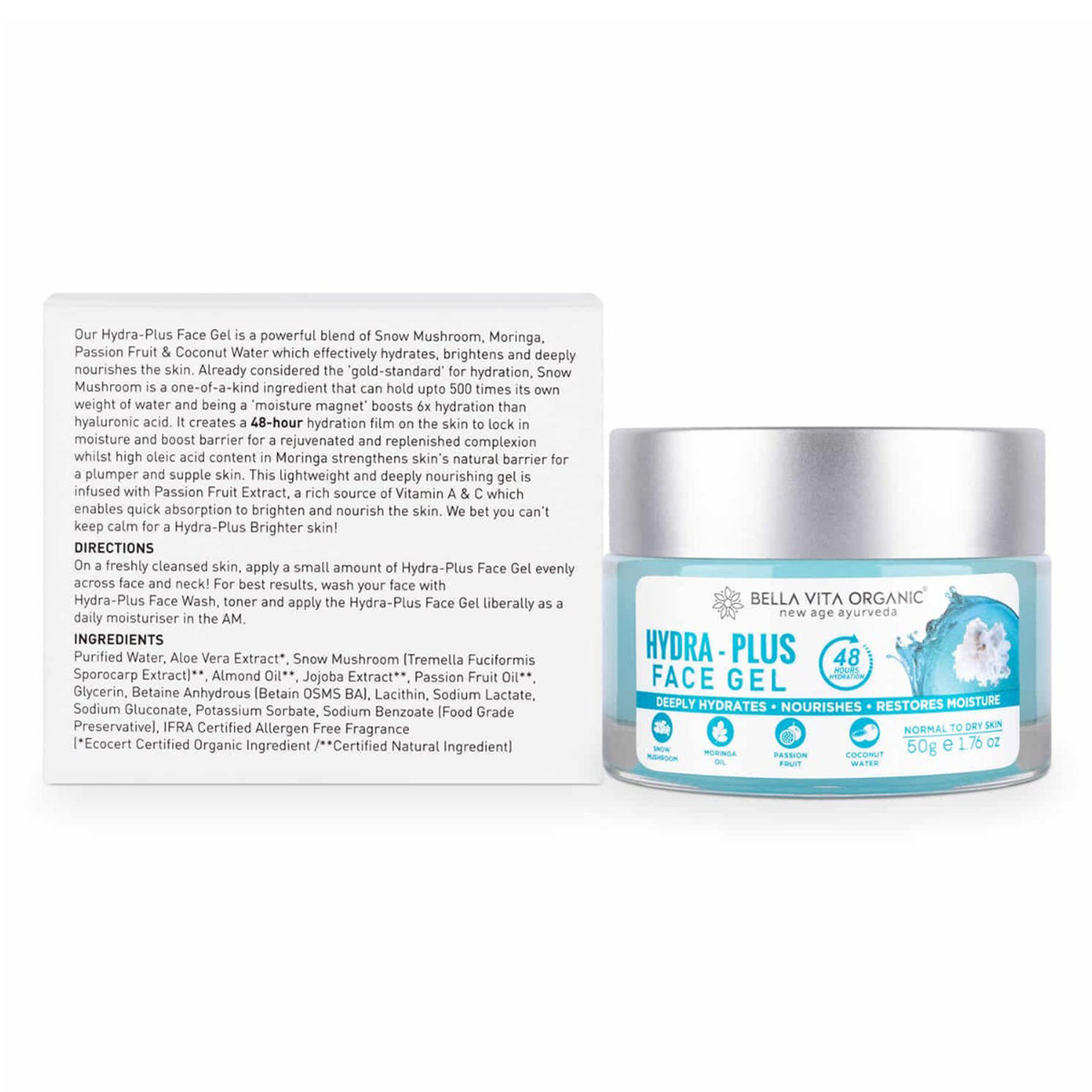 Bella Vita Organic Hydra-Plus Face Gel 50 gm | Snow Mushroom, Moringa Oil, Passion Fruit & Coconut Water | Provides Hydration Upto 48Hr | Nourishes Skin & Restore Skin Moisture | Lightweight | for Men & Women | For Normal To Dry Skin, Pack of 1 Bella Vita Organic Hydra-Plus Face Gel 50 gm | Snow Mushroom, Moringa Oil, Passion Fruit & Coconut Water | Provides Hydration Upto 48Hr | Nourishes Skin & Restore Skin Moisture | Lightweight | for Men & Women | For Normal To Dry Skin, Pack of 1