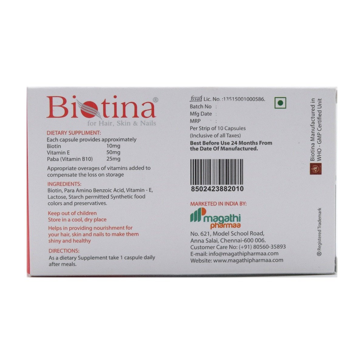 Biotina Capsule 10's, Pack of 10 CapsuleS Biotina Capsule 10's, Pack of 10 CapsuleS