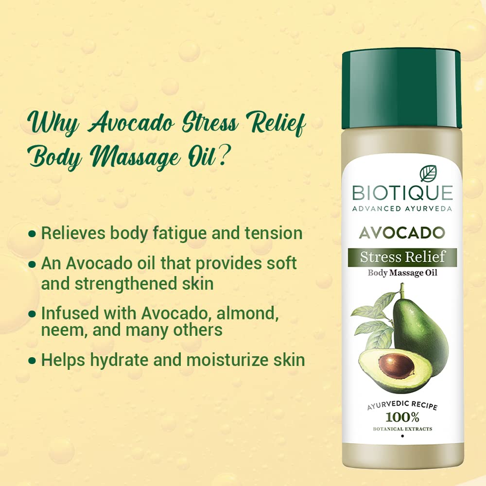 Biotique Bio Avocado Stress Relief Body Massage Oil 200 ml | Relieves Stress, Body Fatigue & Tiredness | 100% Botanical Extracts | For All Skin Type, Pack of 1 Biotique Bio Avocado Stress Relief Body Massage Oil 200 ml | Relieves Stress, Body Fatigue & Tiredness | 100% Botanical Extracts | For All Skin Type, Pack of 1