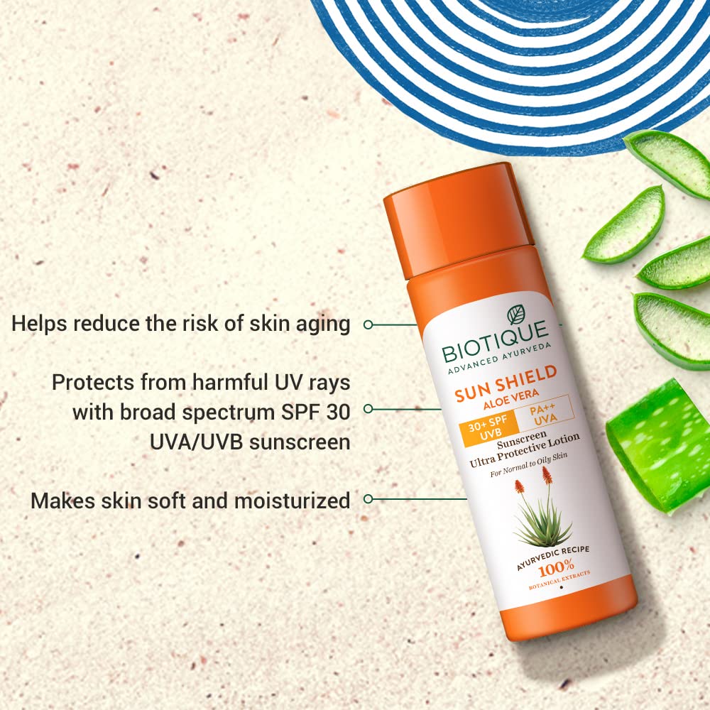 Biotique Sun Shield Aloevera 30+ SPF UVB Sunscreen Ultra Proctective Body Lotion, 120 ml, Pack of 1 Biotique Sun Shield Aloevera 30+ SPF UVB Sunscreen Ultra Proctective Body Lotion, 120 ml, Pack of 1