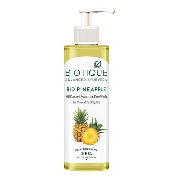 Biotique Bio Pineapple Oil Control Foaming Face Wash 200 ml | Pineapple, Wild Turmeric &amp; Neem Leaves | Removes Makeup &amp; Impurities | Lightens Skin Complexion | Softens Skin | 100% Botanical Extracts | For Normal To Oily Skin, Pack of 1
