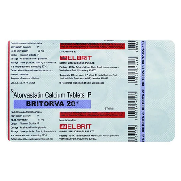 Britorva 20 mg Tablet 15's, Pack of 15 TabletS