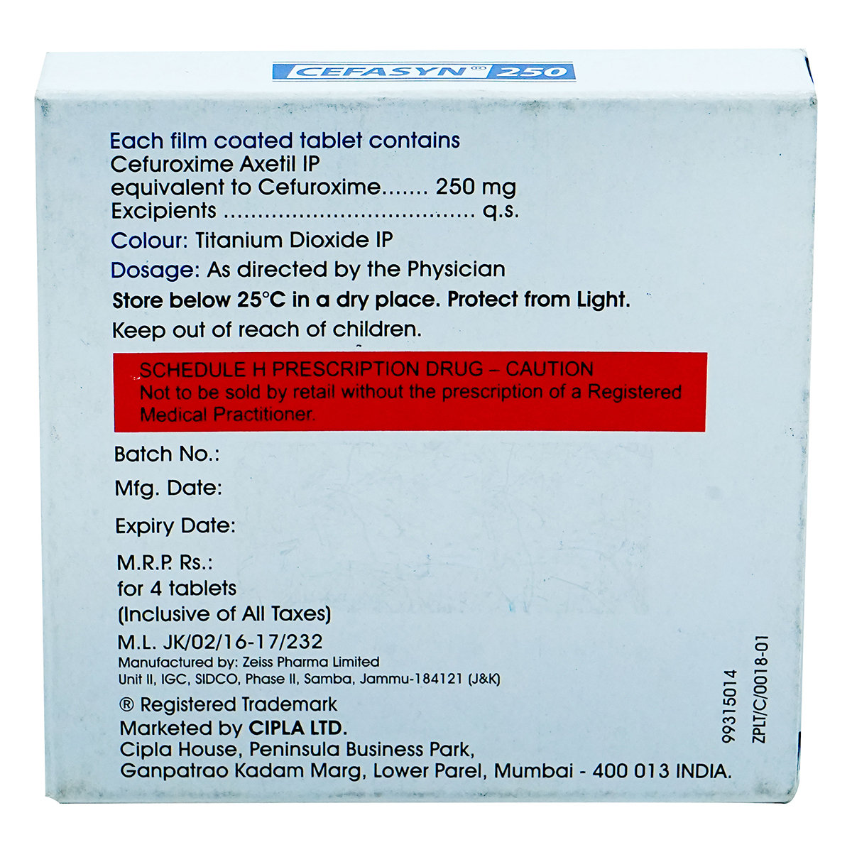 Cefasyn 250 mg Tablet 4's, Pack of 4 TabletS Cefasyn 250 mg Tablet 4's, Pack of 4 TabletS