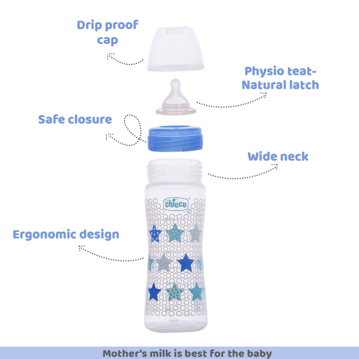 Chicco Well-Being Blue Feeding Bottle, 250 ml, Pack of 1 Chicco Well-Being Blue Feeding Bottle, 250 ml, Pack of 1